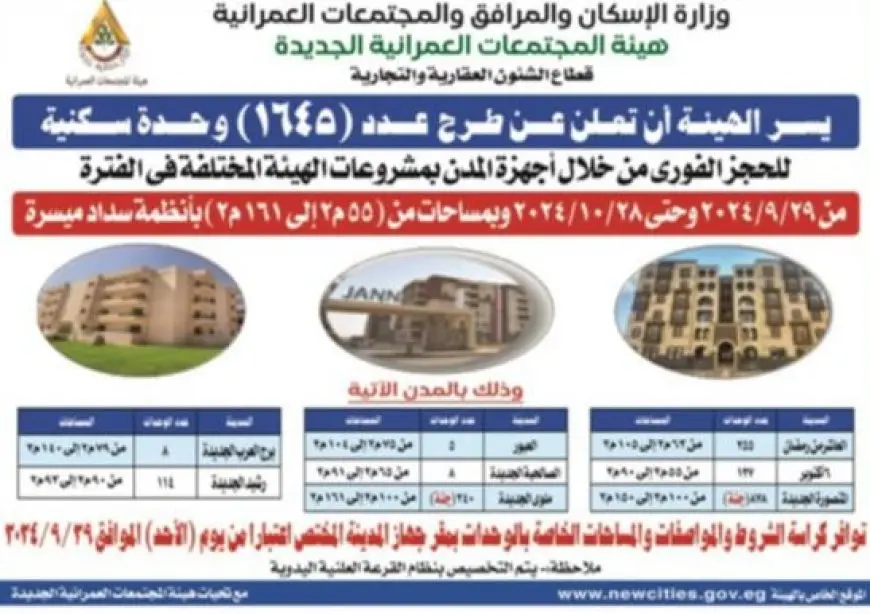 اليوم.. طرح كراسات شروط 1645 وحدة سكنية للحجز الفوري في 8 مدن جديدة